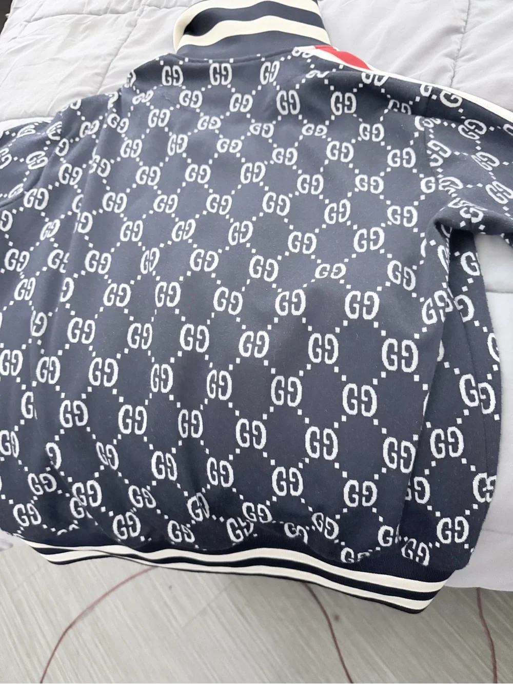 Gucci Navy and White GG Logo Knit Jumper with Red Stripe Accents